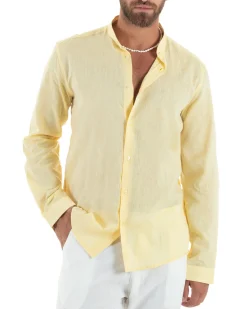 Camicia Uomo Lino Sartoriale Collo Coreano Melangiata Giallo C3007A