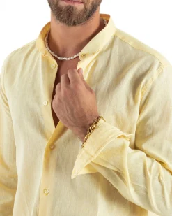 Camicia Uomo Lino Sartoriale Collo Coreano Melangiata Giallo C3007A