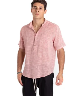 Camicia Uomo Manica Corta Collo Coreano Serafino Melangiata Rosso GIOSAL-CC1166A