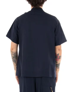 Camicia Uomo Manica Corta Lino Tinta Unita Blu Tasca Casual Colletto GIOSAL-CC1116A