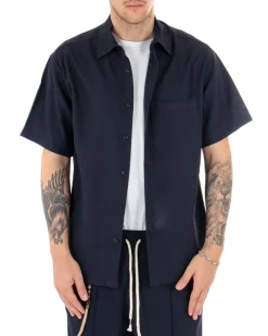 Camicia Uomo Manica Corta Lino Tinta Unita Blu Tasca Casual Colletto GIOSAL-CC1116A