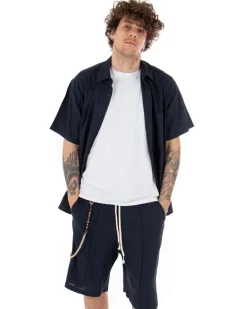 Camicia Uomo Manica Corta Lino Tinta Unita Blu Tasca Casual Colletto GIOSAL-CC1116A