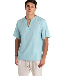 Camicia Uomo Manica Corta Tinta Unita Turchese Casacca Lino Casual GIOSAL-CC1153A