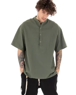 Camicia Uomo Manica Corta Tinta Unita Verde Collo Coreano Casual GIOSAL-CC1122A
