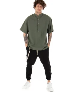 Camicia Uomo Manica Corta Tinta Unita Verde Collo Coreano Casual GIOSAL-CC1122A