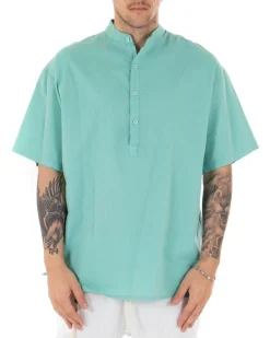 Camicia Uomo Manica Corta Tinta Unita Verde Acqua Collo Coreano Casual GIOSAL-CC1129A