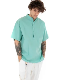 Camicia Uomo Manica Corta Tinta Unita Verde Acqua Collo Coreano Casual GIOSAL-CC1129A