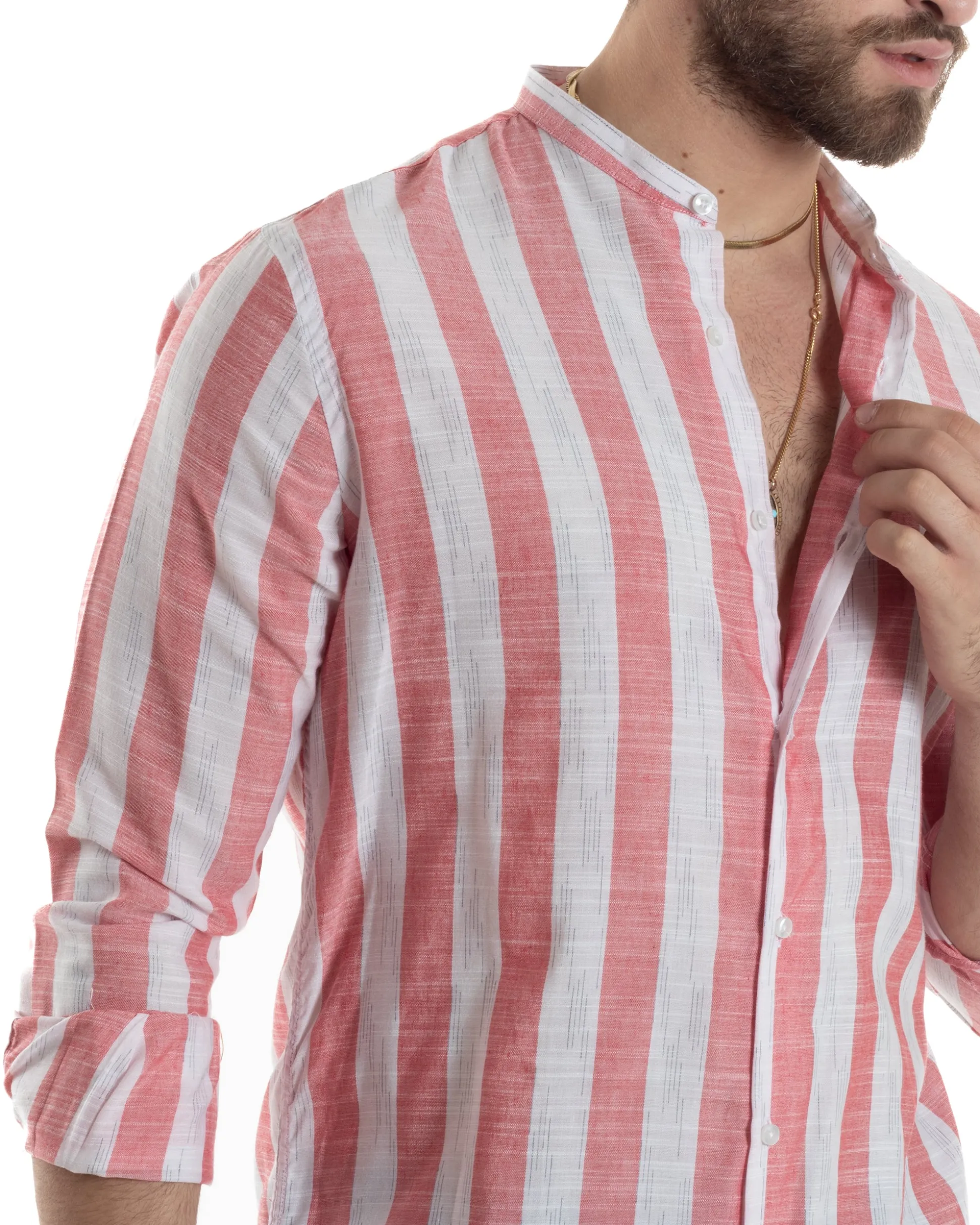 Camicia Uomo Manica Lunga A Righe Lino Collo Coreano Regular Fit Riga Larga Rosso GIOSAL-C2860A