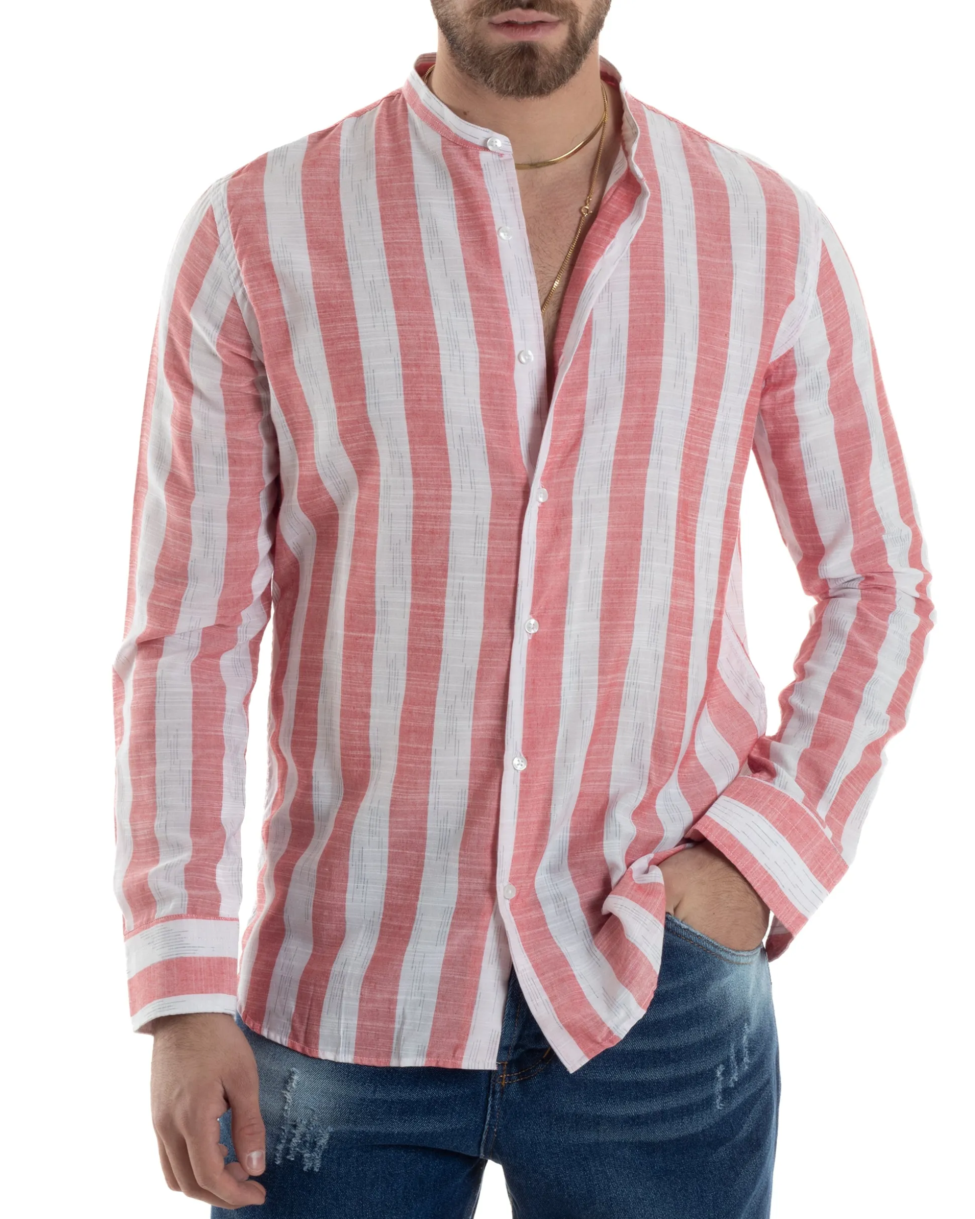 Camicia Uomo Manica Lunga A Righe Lino Collo Coreano Regular Fit Riga Larga Rosso GIOSAL-C2860A