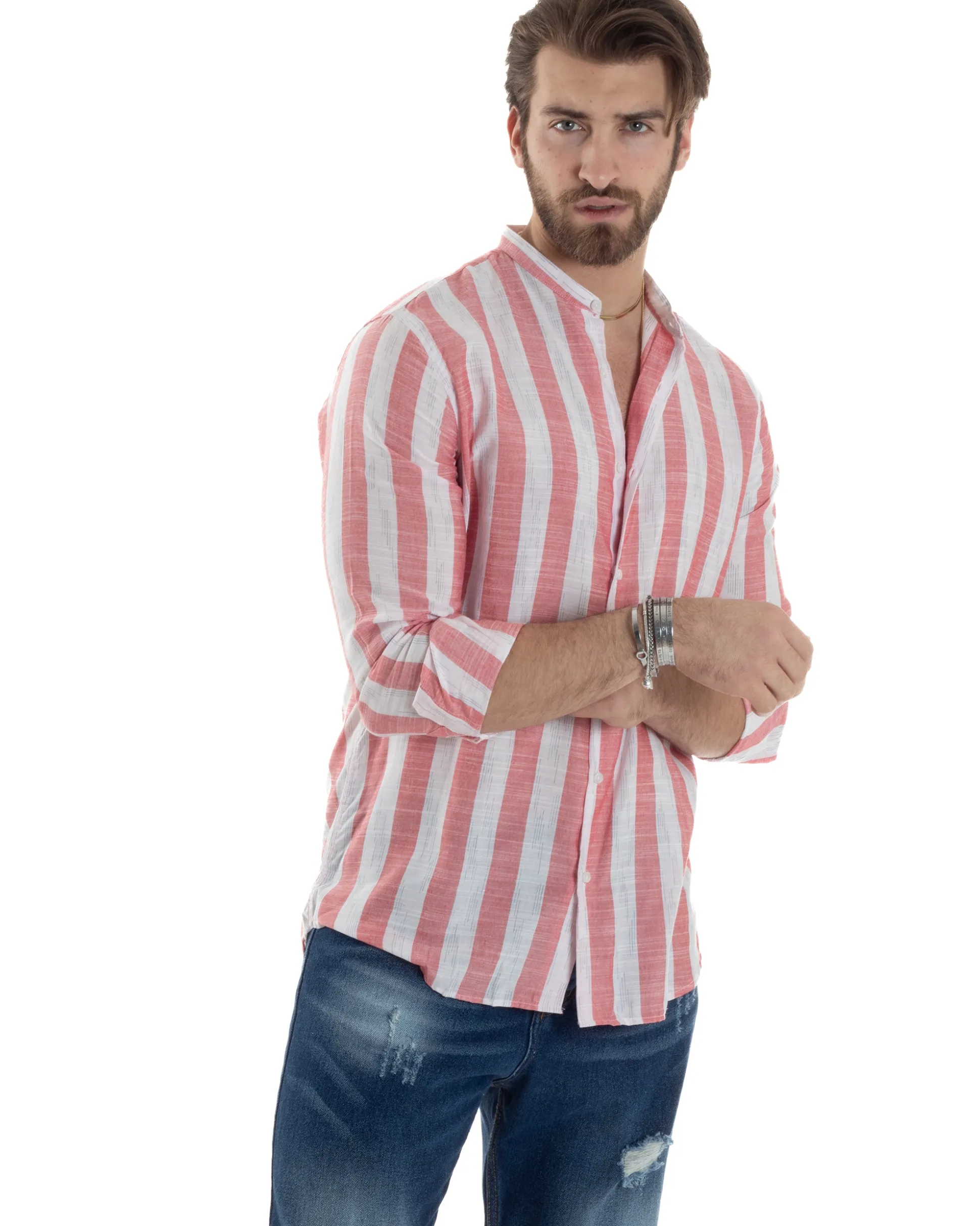 Camicia Uomo Manica Lunga A Righe Lino Collo Coreano Regular Fit Riga Larga Rosso GIOSAL-C2860A