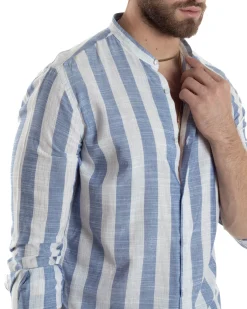 Camicia Uomo Manica Lunga A Righe Lino Collo Coreano Regular Fit Riga Larga Blu GIOSAL-C2861A