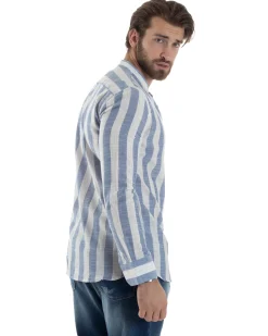 Camicia Uomo Manica Lunga A Righe Lino Collo Coreano Regular Fit Riga Larga Blu GIOSAL-C2861A