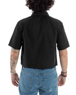 Camicia uomo maniche corte cropped taschino boxy fit nero GIOSAL-CC1175A