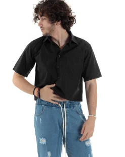 Camicia uomo maniche corte cropped taschino boxy fit nero GIOSAL-CC1175A