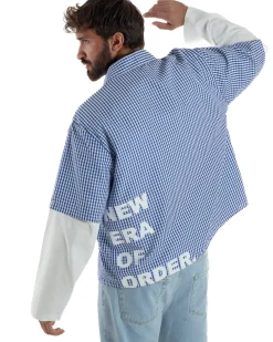 Camicia uomo maniche corte crop boxy fit quadri stampa retro blu GIOSAL-CC1228A
