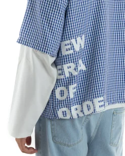 Camicia uomo maniche corte crop boxy fit quadri stampa retro blu GIOSAL-CC1228A