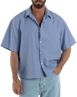 Camicia uomo maniche corte crop boxy fit quadri stampa retro blu GIOSAL-CC1228A
