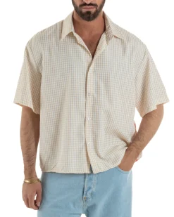 Camicia uomo maniche corte crop boxy fit quadri stampa retro beige GIOSAL-CC1229A