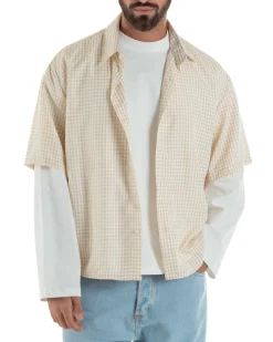 Camicia uomo maniche corte crop boxy fit quadri stampa retro beige GIOSAL-CC1229A