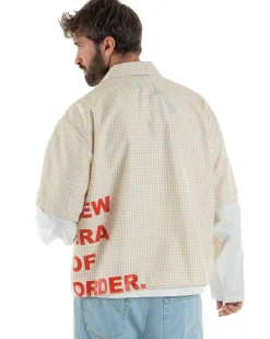 Camicia uomo maniche corte crop boxy fit quadri stampa retro beige GIOSAL-CC1229A