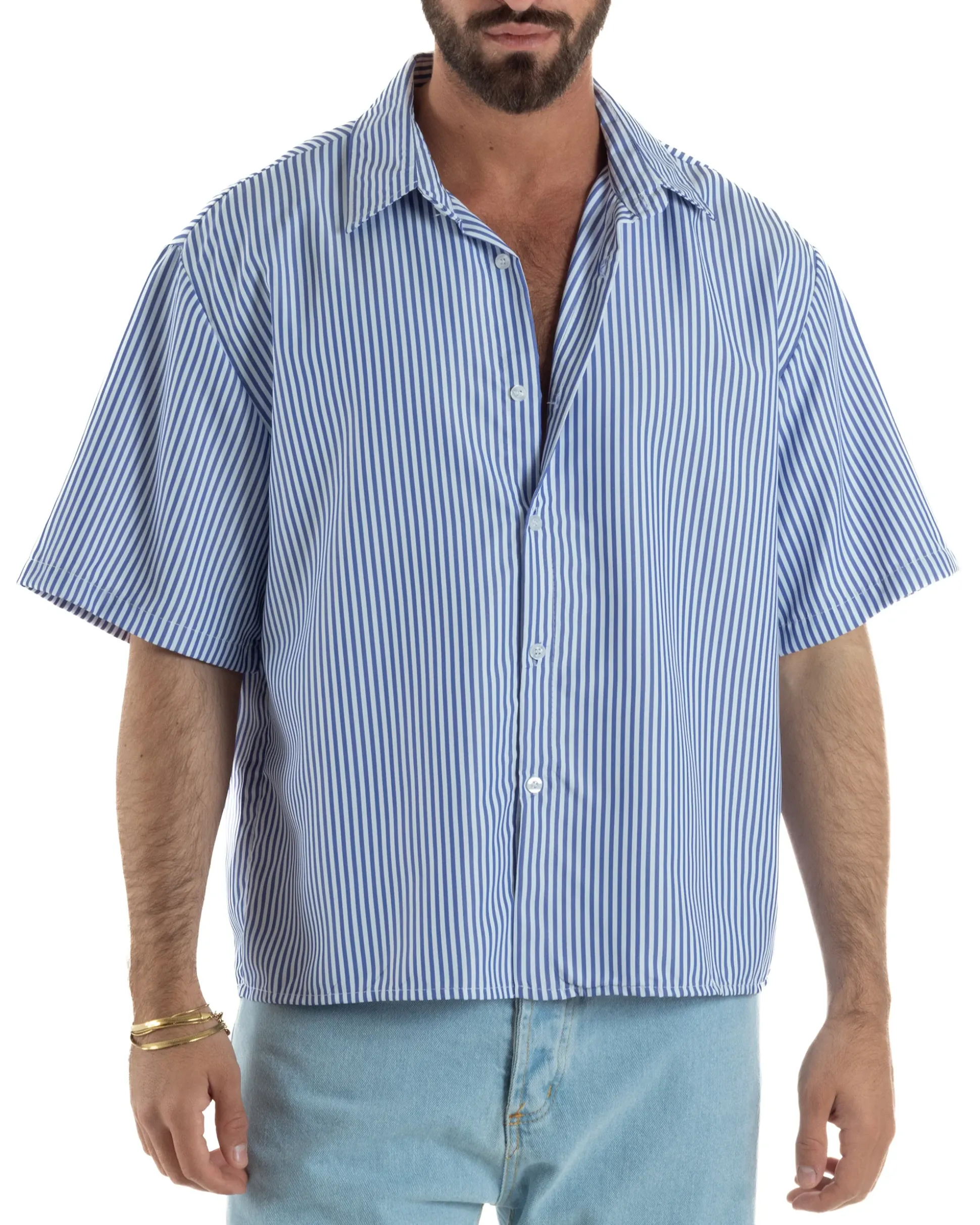 Camicia uomo maniche corte crop boxy fit rigata stampa retro blu GIOSAL-CC1230A