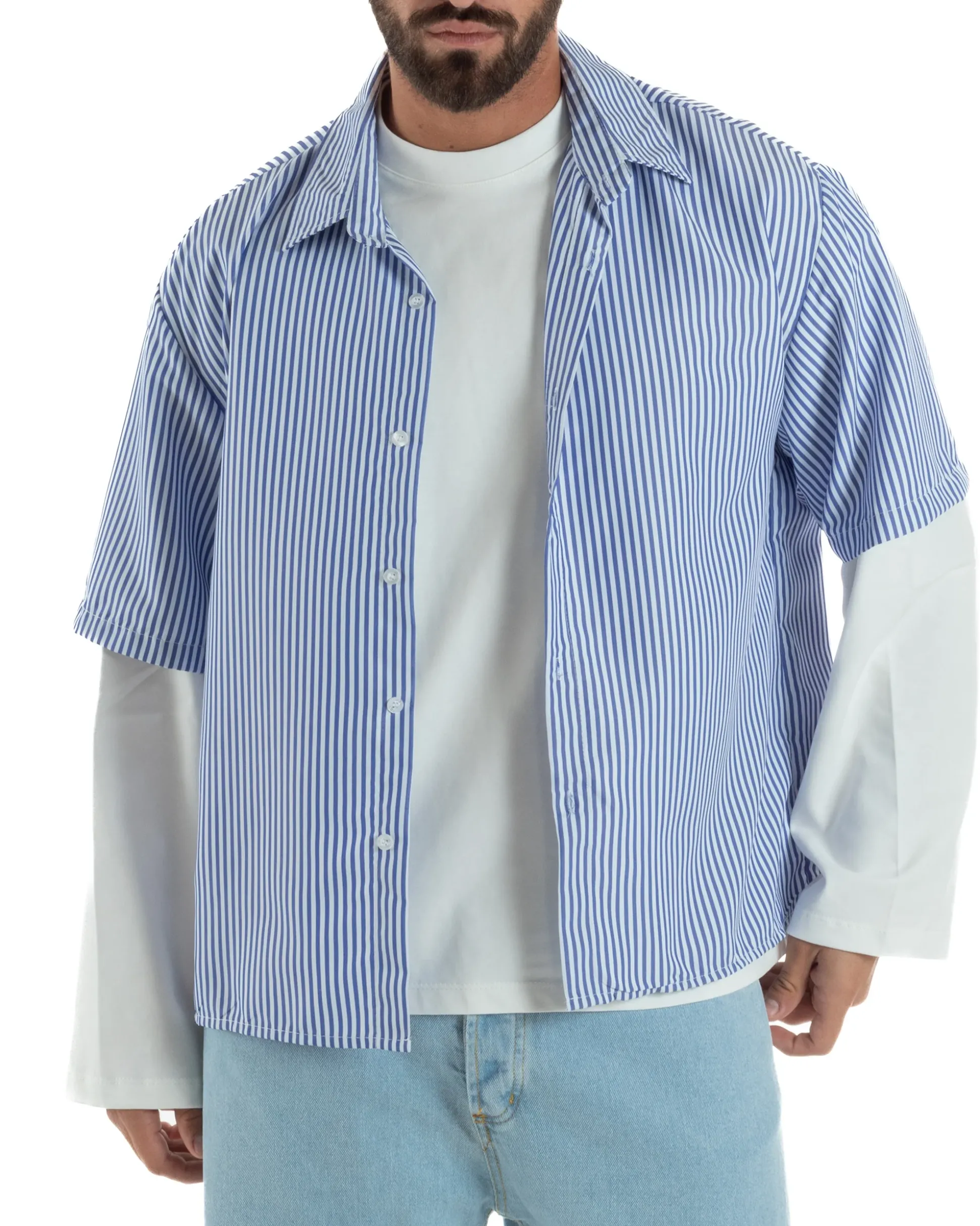 Camicia uomo maniche corte crop boxy fit rigata stampa retro blu GIOSAL-CC1230A