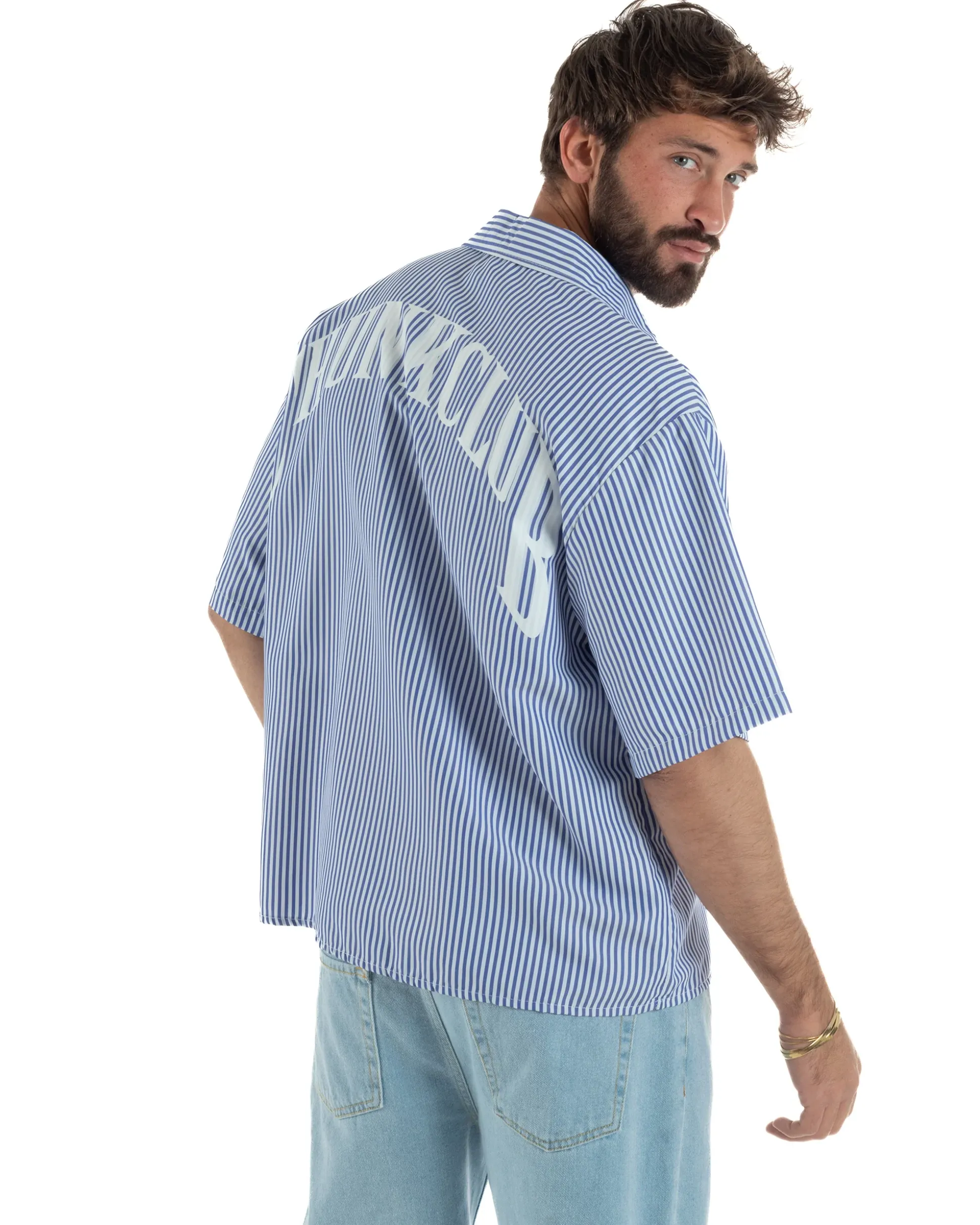 Camicia uomo maniche corte crop boxy fit rigata stampa retro blu GIOSAL-CC1230A