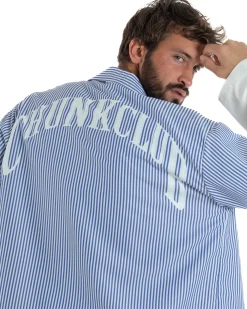 Camicia uomo maniche corte crop boxy fit rigata stampa retro blu GIOSAL-CC1230A
