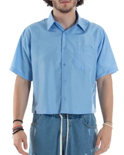Camicia Uomo Maniche Corte Cropped Taschino Boxy Fit Celeste CC1192A