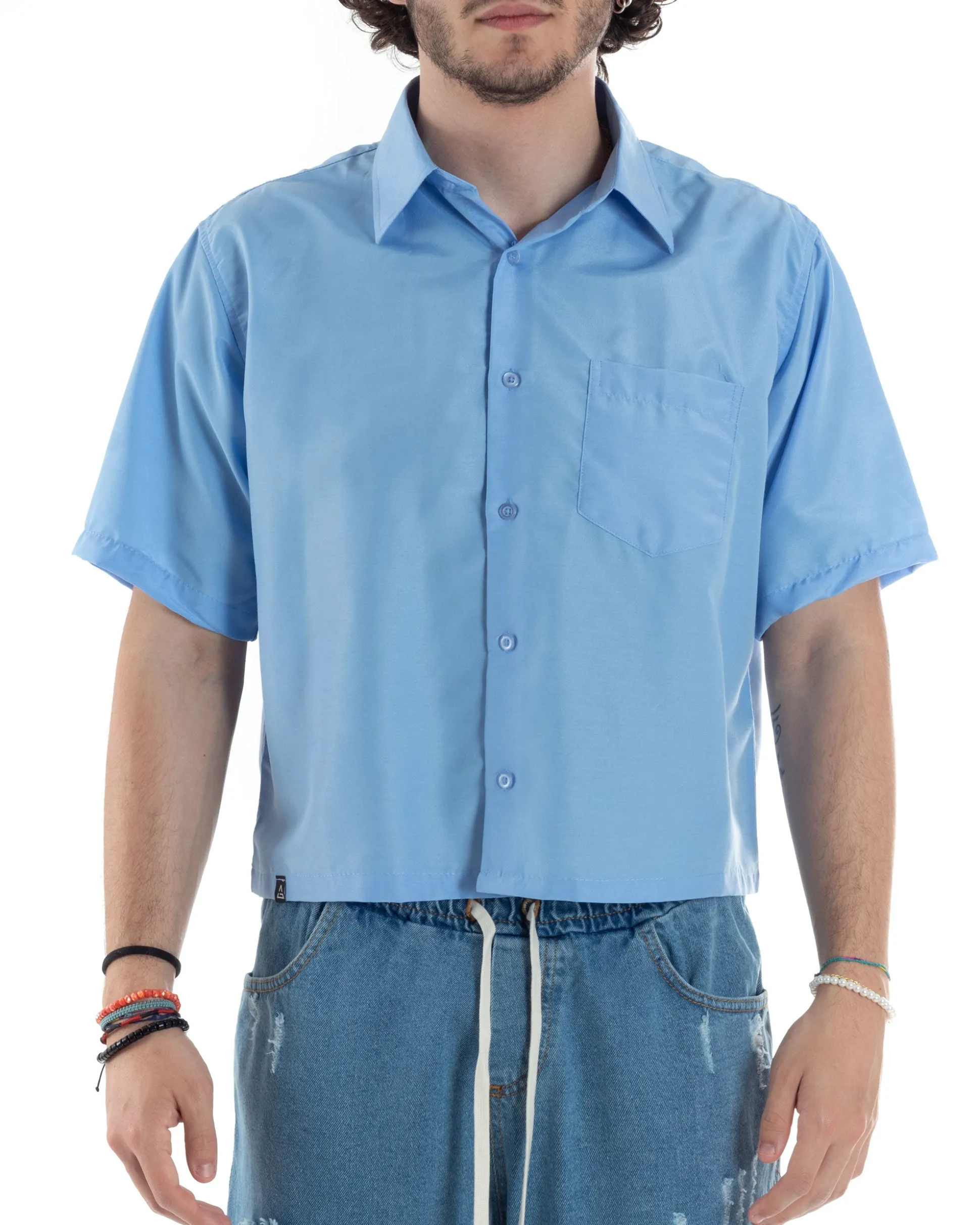 Camicia Uomo Maniche Corte Cropped Taschino Boxy Fit Celeste CC1192A