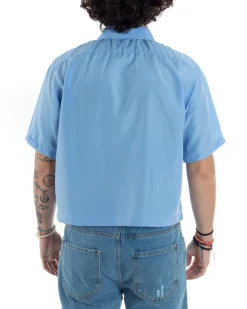 Camicia Uomo Maniche Corte Cropped Taschino Boxy Fit Celeste CC1192A