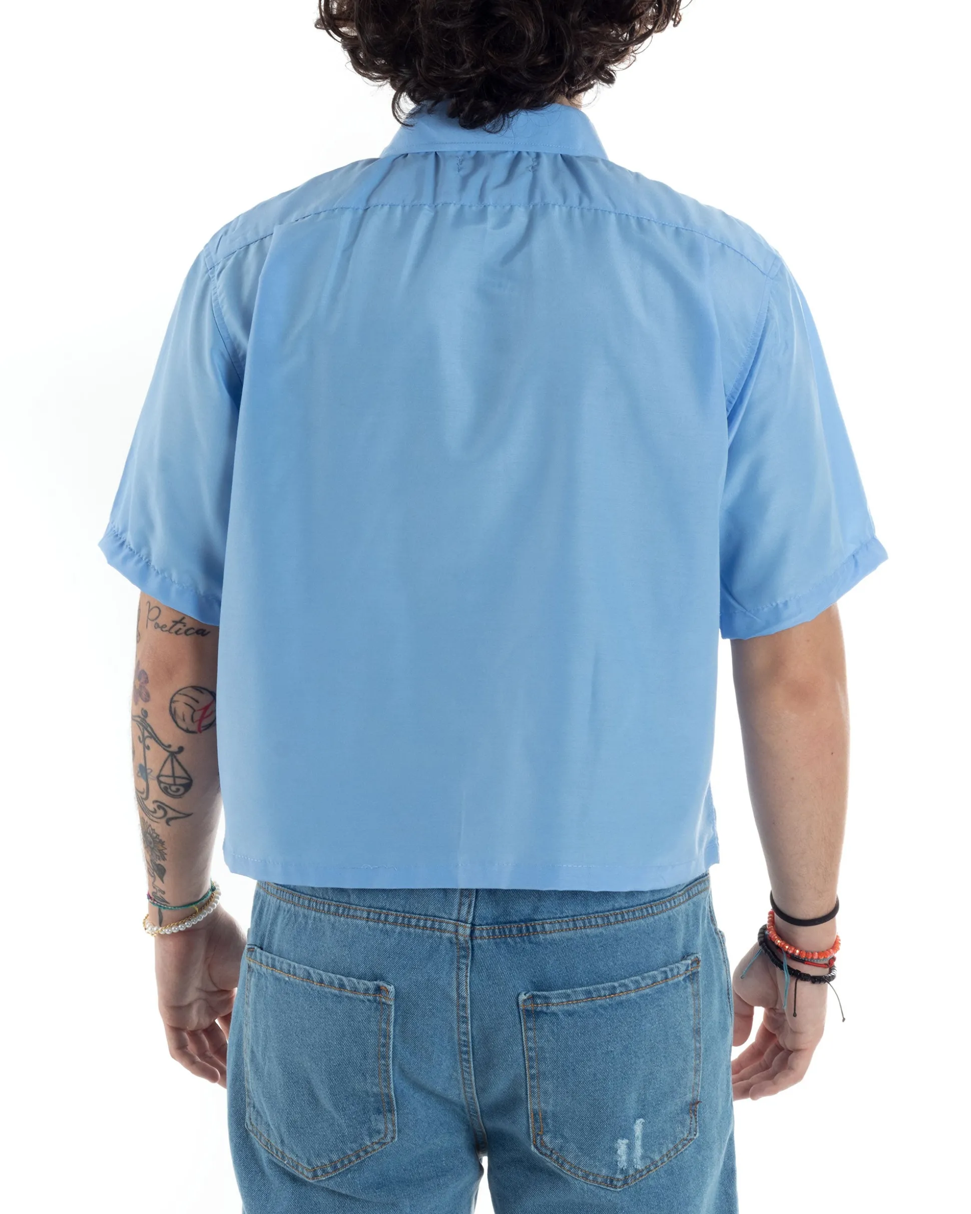 Camicia Uomo Maniche Corte Cropped Taschino Boxy Fit Celeste CC1192A