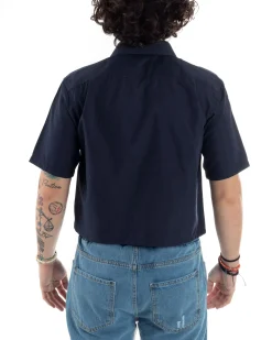Camicia Uomo Maniche Corte Cropped Taschino Boxy Fit Blu CC1194A