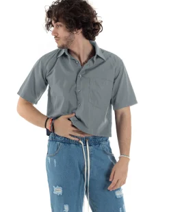 Camicia Uomo Maniche Corte Cropped Taschino Boxy Fit Grigio CC1193A