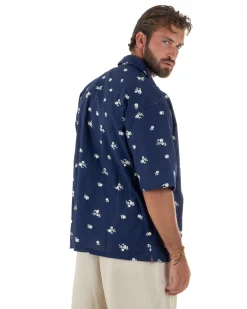 Camicia uomo maniche corte fantasia floreale ricamata collo rever blu GIOSAL-CC1234A