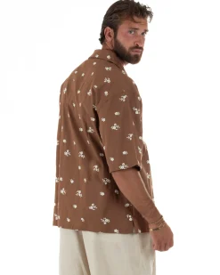 Camicia uomo maniche corte fantasia floreale ricamata collo rever marrone GIOSAL-CC1235A