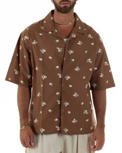Camicia uomo maniche corte fantasia floreale ricamata collo rever marrone GIOSAL-CC1235A