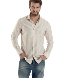 Camicia Uomo Maniche Lunghe Collo Francese Con Colletto Viscosa Regular Fit Riga Stretta Beige GIOSAL-C2856A