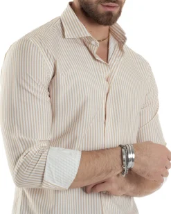 Camicia Uomo Maniche Lunghe Collo Francese Con Colletto Viscosa Regular Fit Riga Stretta Beige GIOSAL-C2856A