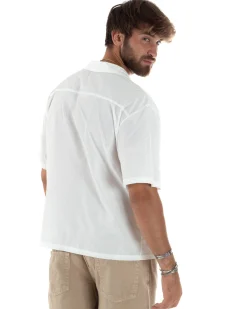 Camicia Uomo Mezze Maniche Nylon Casual Colletto Bowling Collo Con Rever Boxy Fit Tinta Unita Bianco GIOSAL-CC1206A