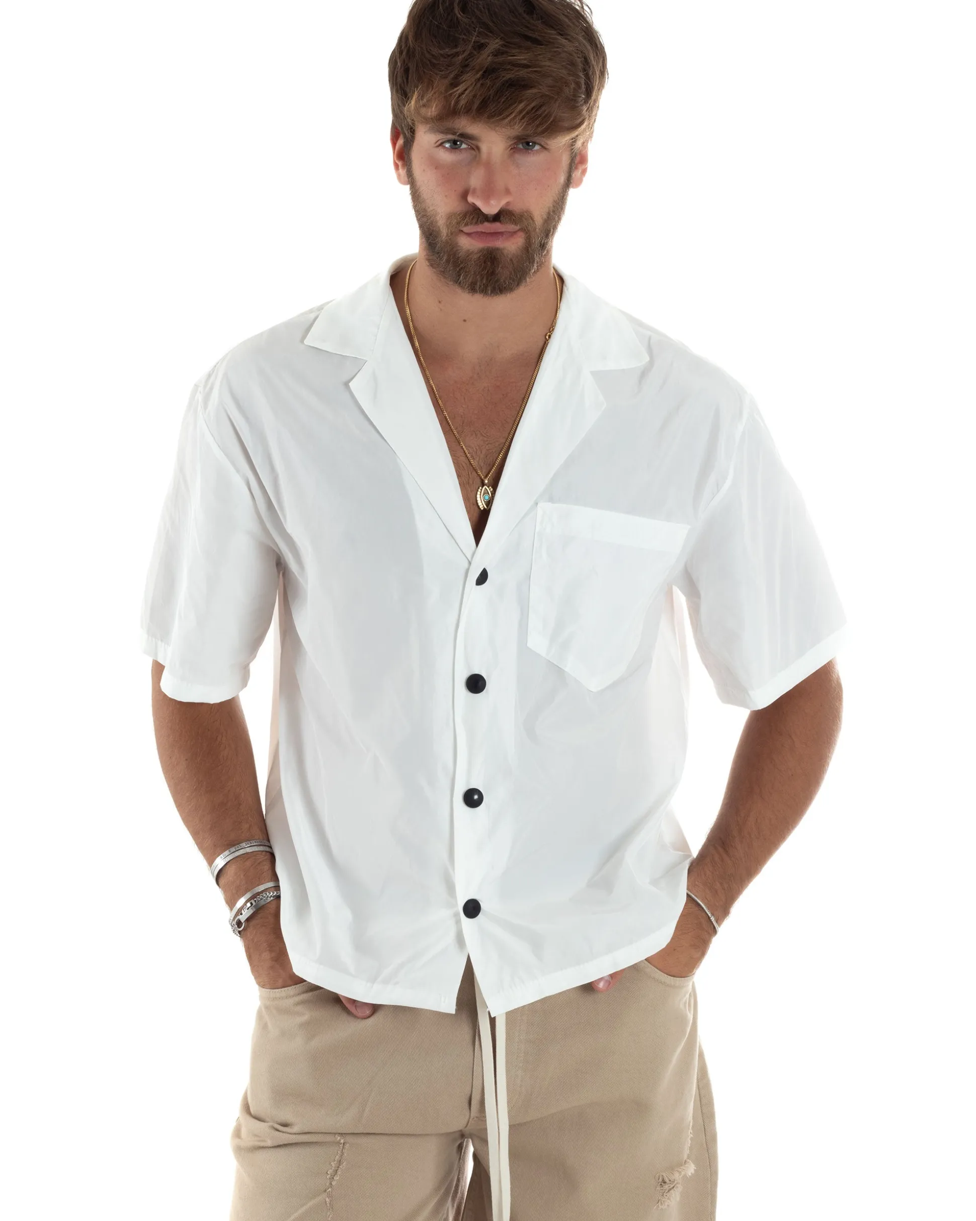 Camicia Uomo Mezze Maniche Nylon Casual Colletto Bowling Collo Con Rever Boxy Fit Tinta Unita Bianco GIOSAL-CC1206A