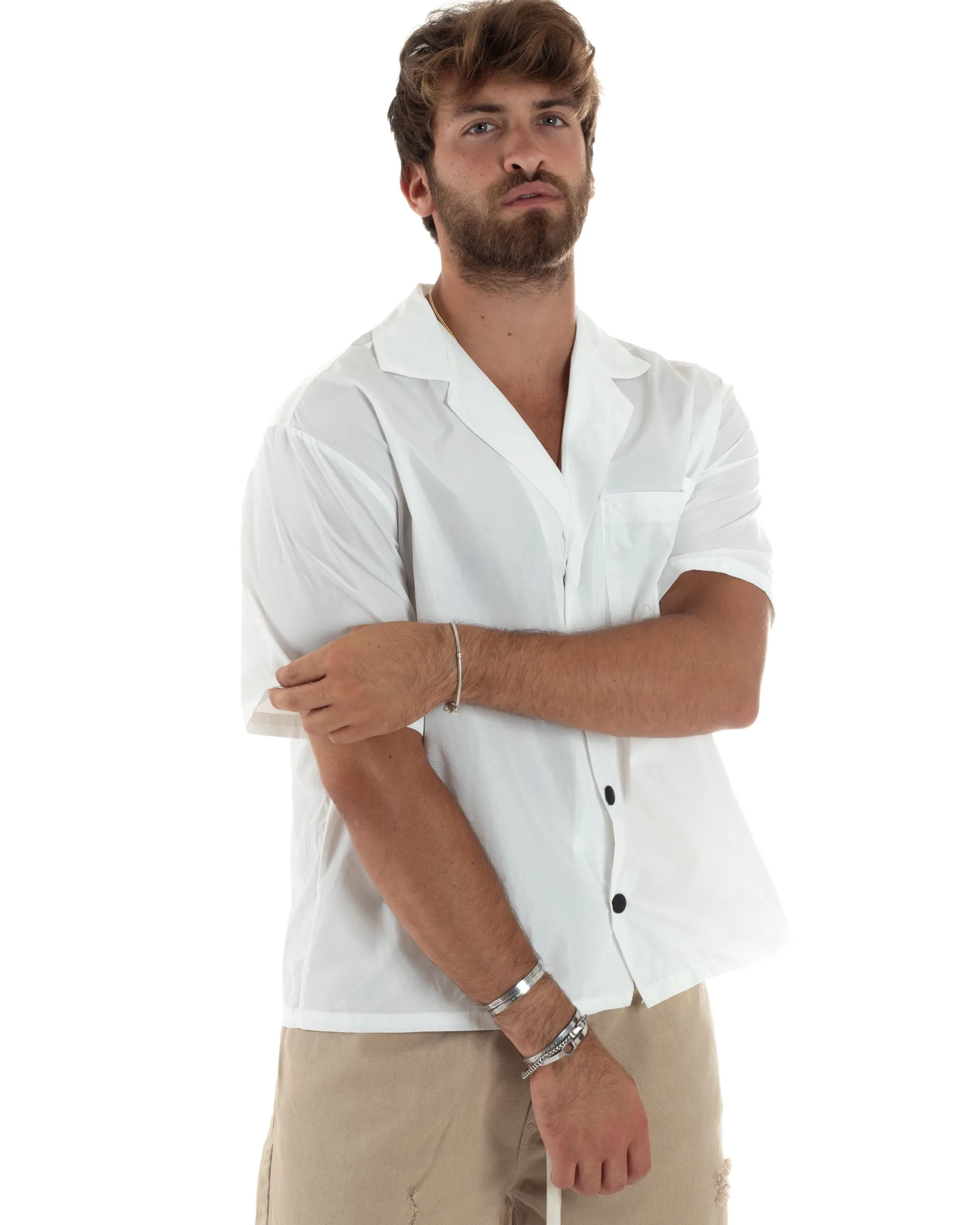 Camicia Uomo Mezze Maniche Nylon Casual Colletto Bowling Collo Con Rever Boxy Fit Tinta Unita Bianco GIOSAL-CC1206A