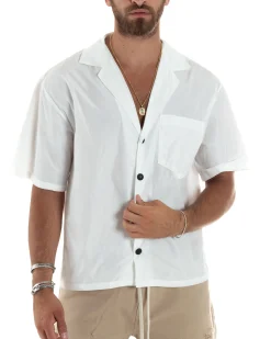 Camicia Uomo Mezze Maniche Nylon Casual Colletto Bowling Collo Con Rever Boxy Fit Tinta Unita Bianco GIOSAL-CC1206A