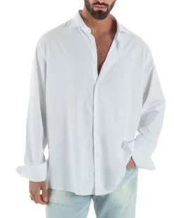 Camicia uomo oversize cotone loose fit collo francese bianco GIOSAL-C3074A