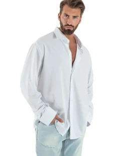 Camicia uomo oversize cotone loose fit collo francese bianco GIOSAL-C3074A