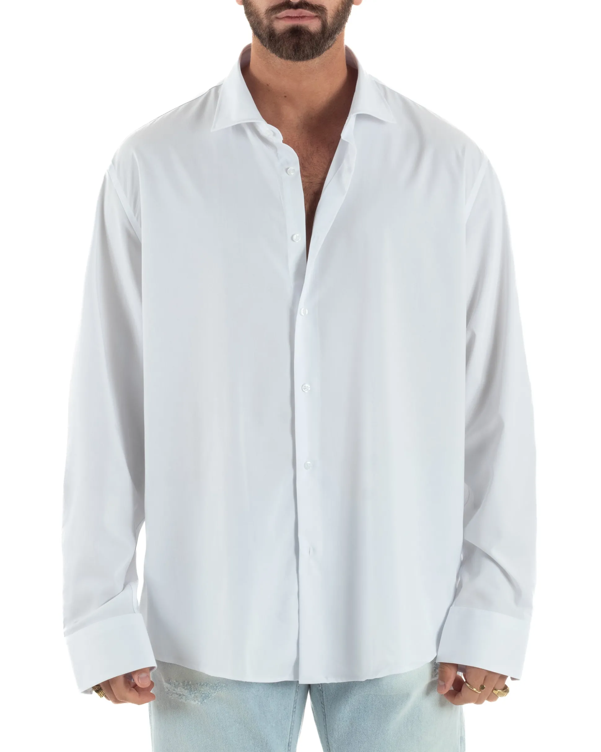 Camicia uomo oversize cotone loose fit collo francese bianco GIOSAL-C3074A
