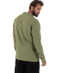 Camicia uomo oversize lino collo bowling relaxed fit scollo v verde oliva BERNA M-261223