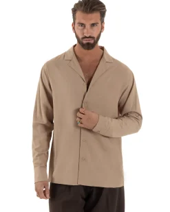 Camicia uomo oversize lino collo bowling relaxed fit scollo v camel BERNA M-261223