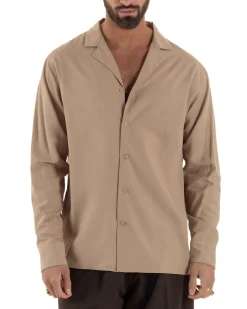 Camicia uomo oversize lino collo bowling relaxed fit scollo v camel BERNA M-261223