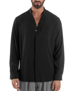 Camicia uomo relaxed scollo v maniche lunghe viscosa leggera nero GIOSAL-C3088A